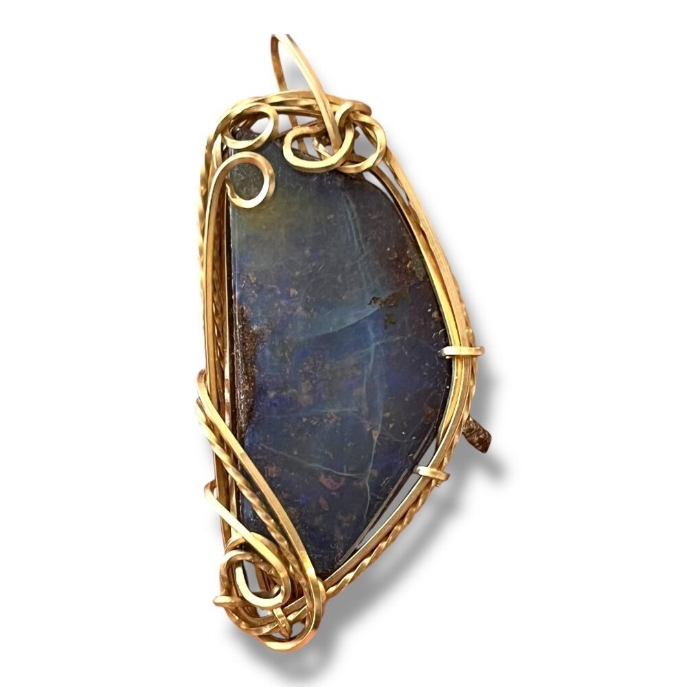 Vintage Natural Boulder Opal Pendant 1.5" Gold Plated Wire Wrapped